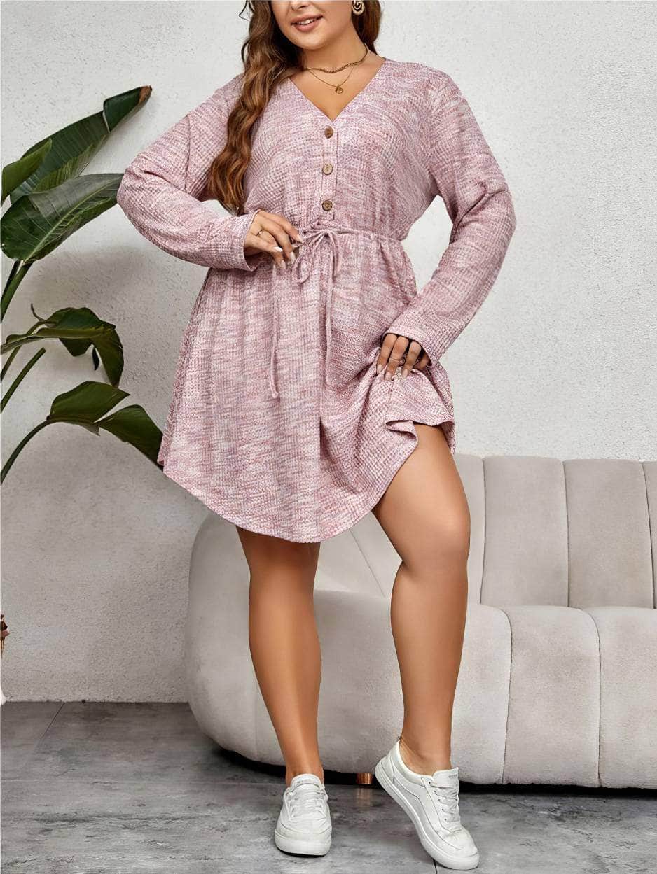 Plus Size V-Neck Sash Waist Sweater Long Sleeve Dress US 16-18 / Pink