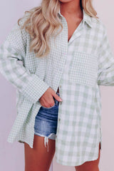 Pocketed Plaid Collared Neck Long Sleeve Shirt Sage / S