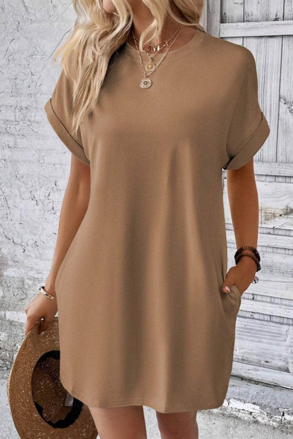 Pocketed Round Neck Short Sleeve Dress Dust Storm / S