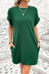 Pocketed Round Neck Short Sleeve Dress Green / S