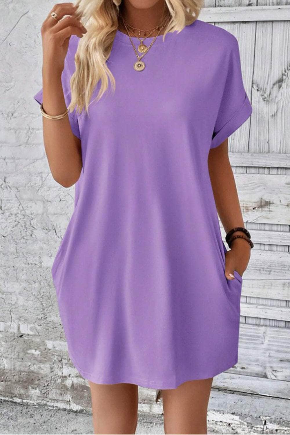 Pocketed Round Neck Short Sleeve Dress Lavender / S