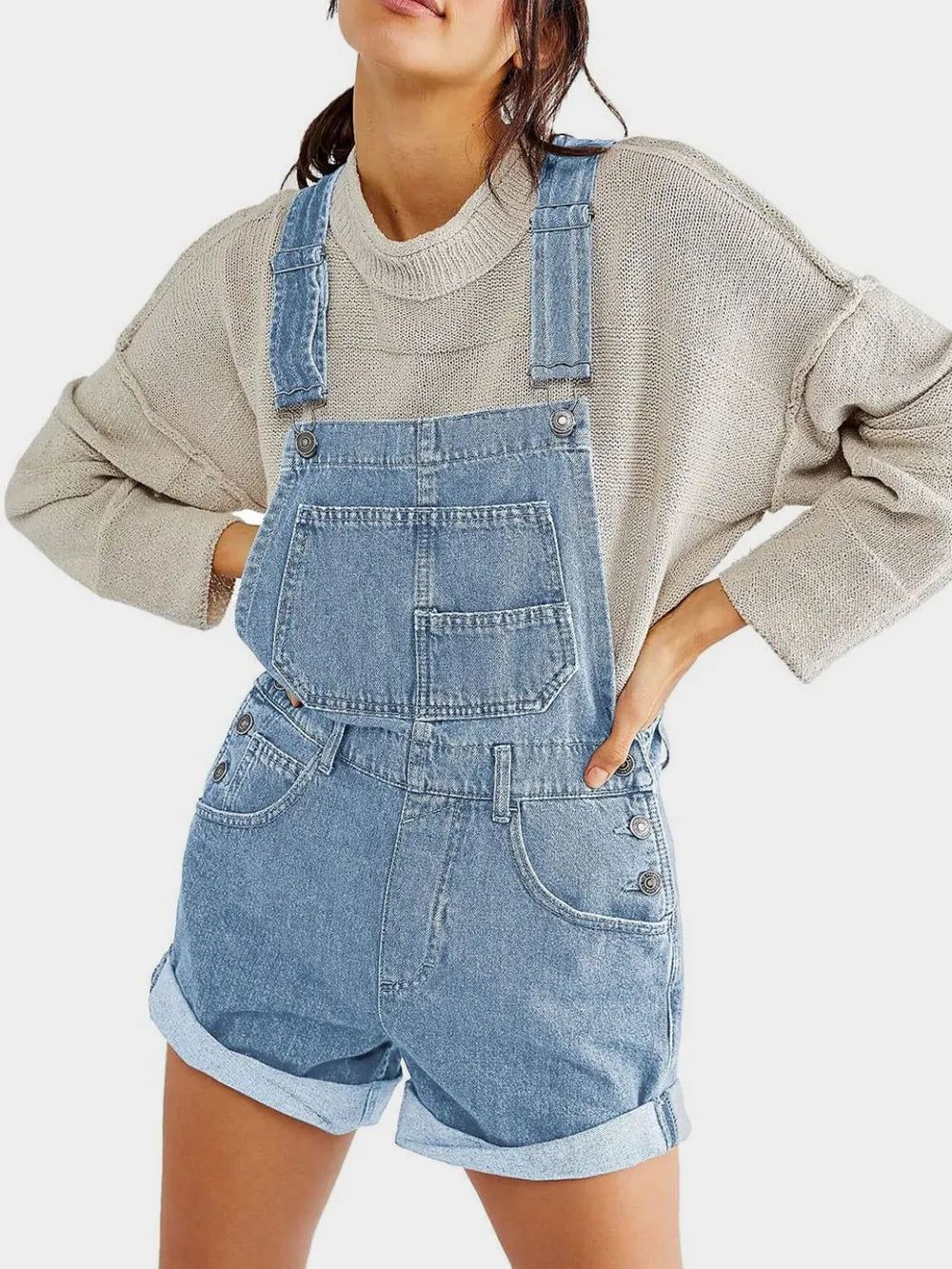 Pocketed Square Neck Wide Strap Denim Overalls Light / S