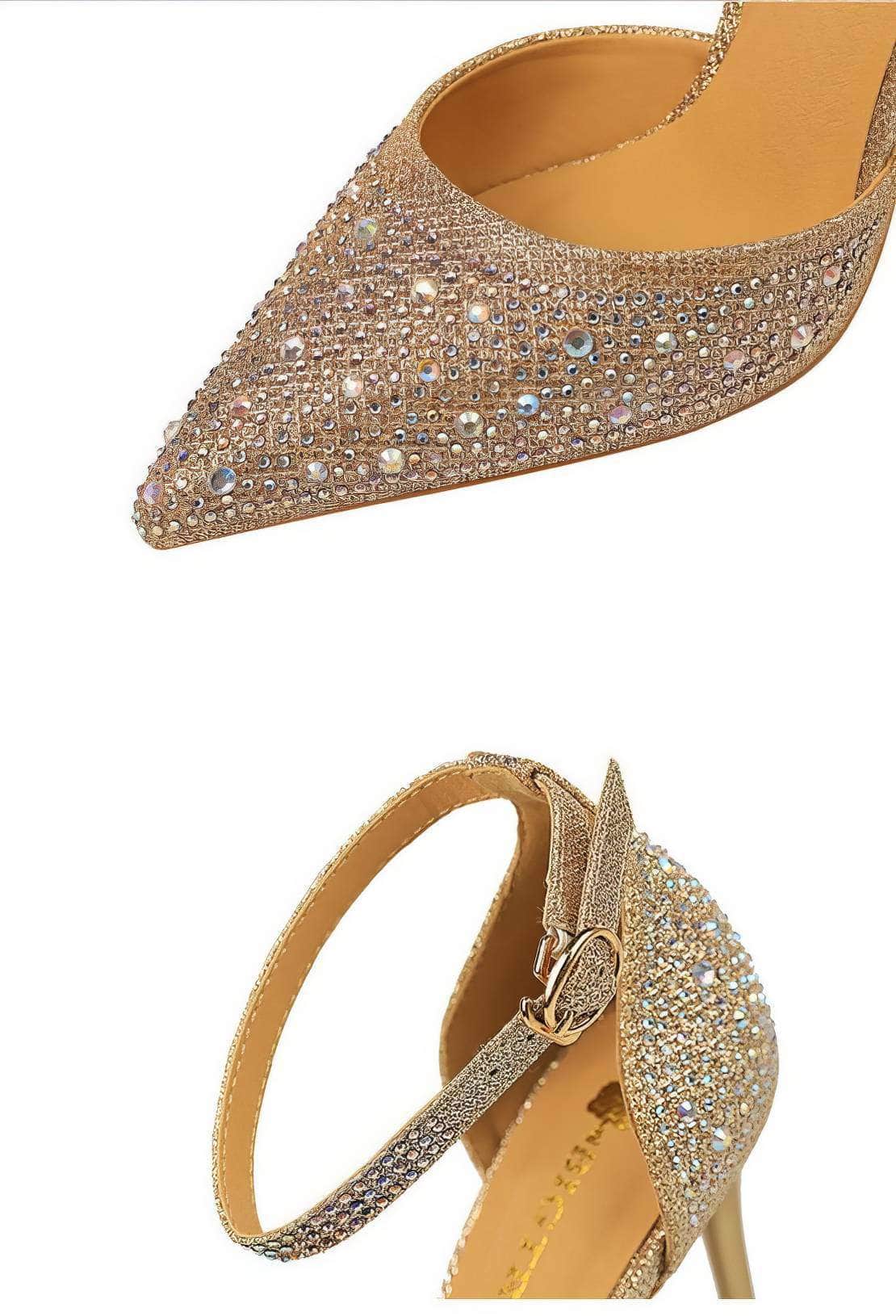 Pointed Toes Crystal Embellished Ankle Strap Stilettos
