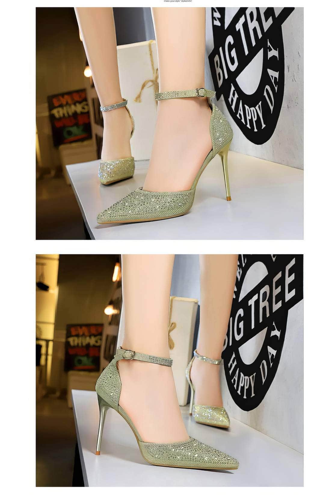 Pointed Toes Crystal Embellished Ankle Strap Stilettos