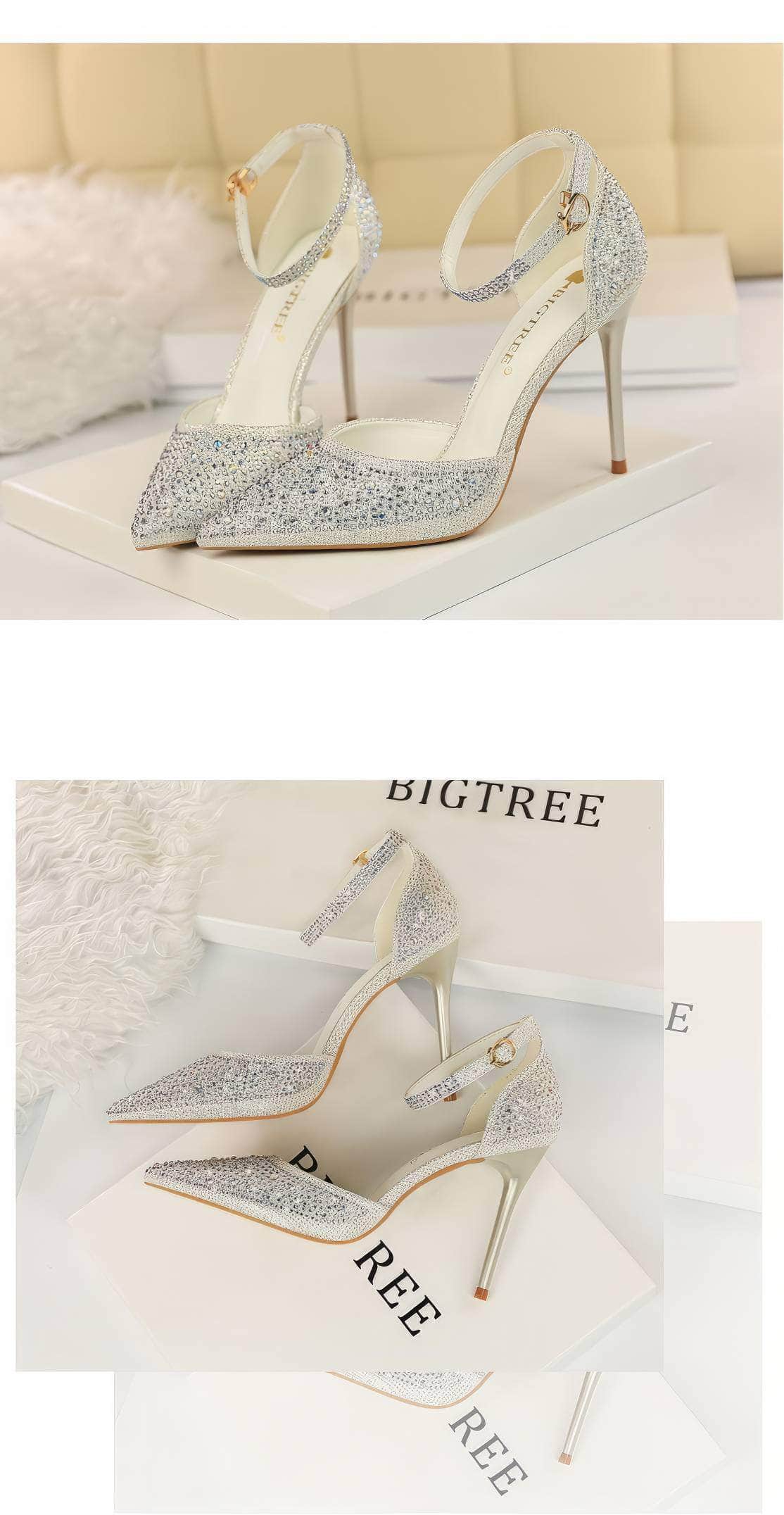 Pointed Toes Crystal Embellished Ankle Strap Stilettos