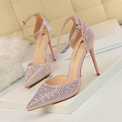 Pointed Toes Crystal Embellished Ankle Strap Stilettos