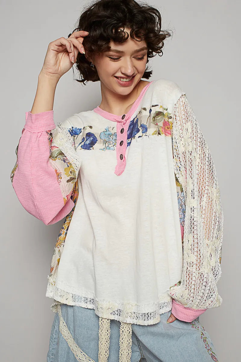 POL Button Detail Floral Patchwork Crochet Sleeve Blouse