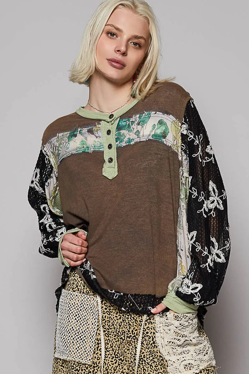 POL Button Detail Floral Patchwork Crochet Sleeve Blouse