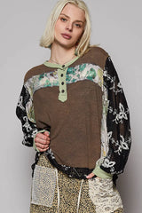 POL Button Detail Floral Patchwork Crochet Sleeve Blouse