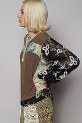 POL Button Detail Floral Patchwork Crochet Sleeve Blouse