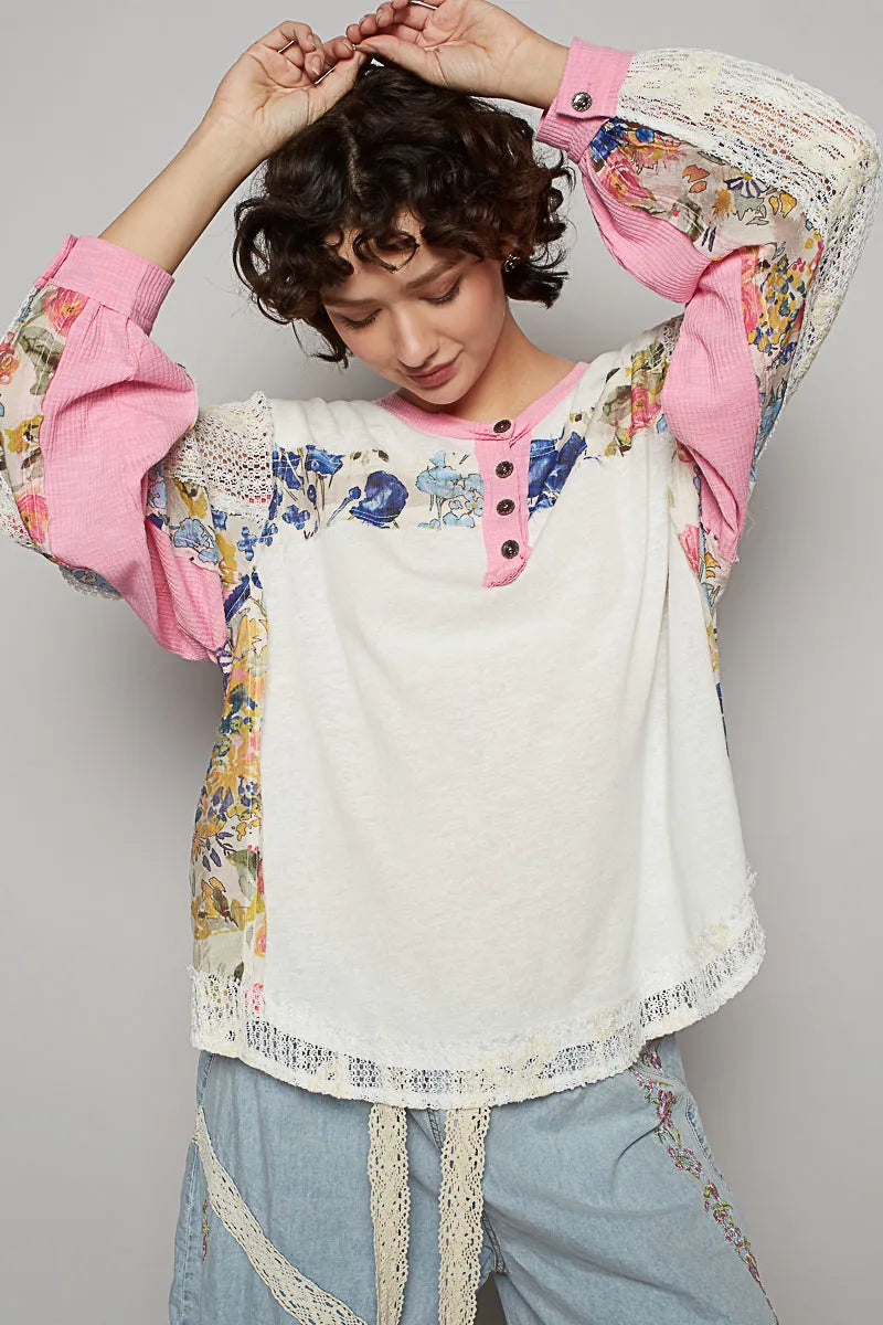 POL Button Detail Floral Patchwork Crochet Sleeve Blouse White / S