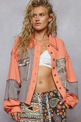 POL Button Down Patchwork Multi-Pattern Jacket Orange / S