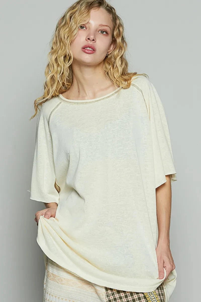 POL Contrast Stitching Half Sleeve Oversized T-Shirt