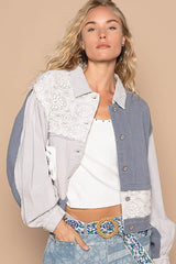 POL Crochet Patch Exposed Seam Button Up Jacket Denim Blue / S