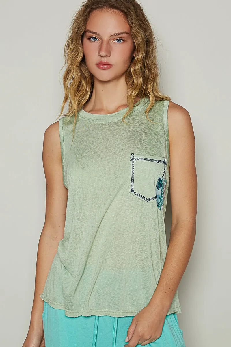POL Floral Detail Pocket Patch Tank Top Gum Leaf / S