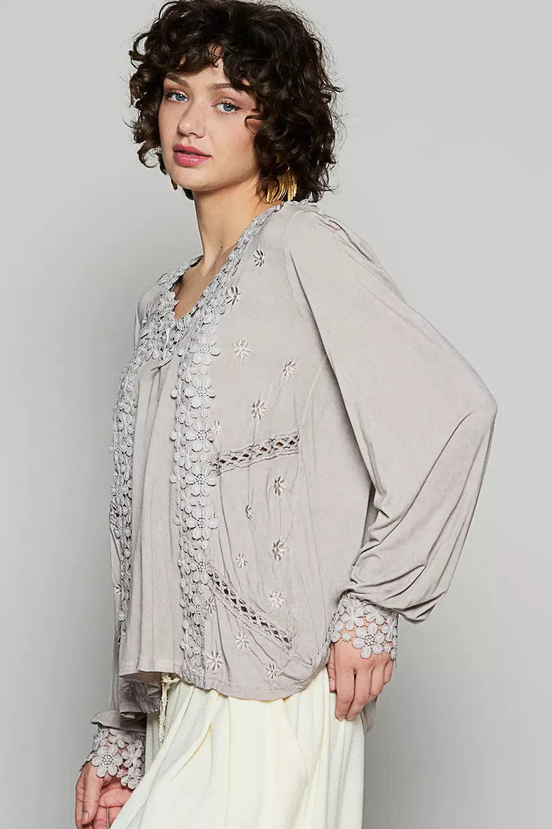 POL Floral Embroidery Woven Top with Lace Trim