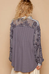 POL Floral Half Button Lace Detail Long Sleeve Top