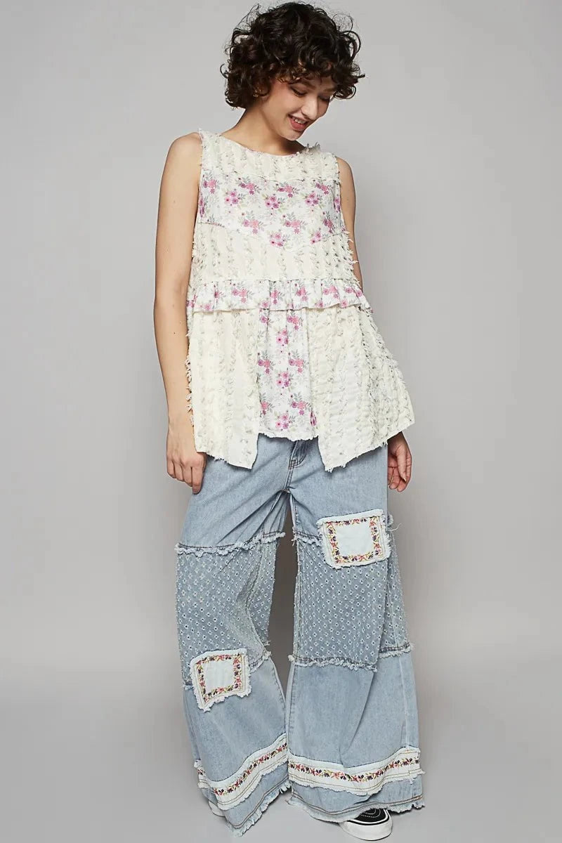 POL Floral Textured Round Neck Sleeveless Top