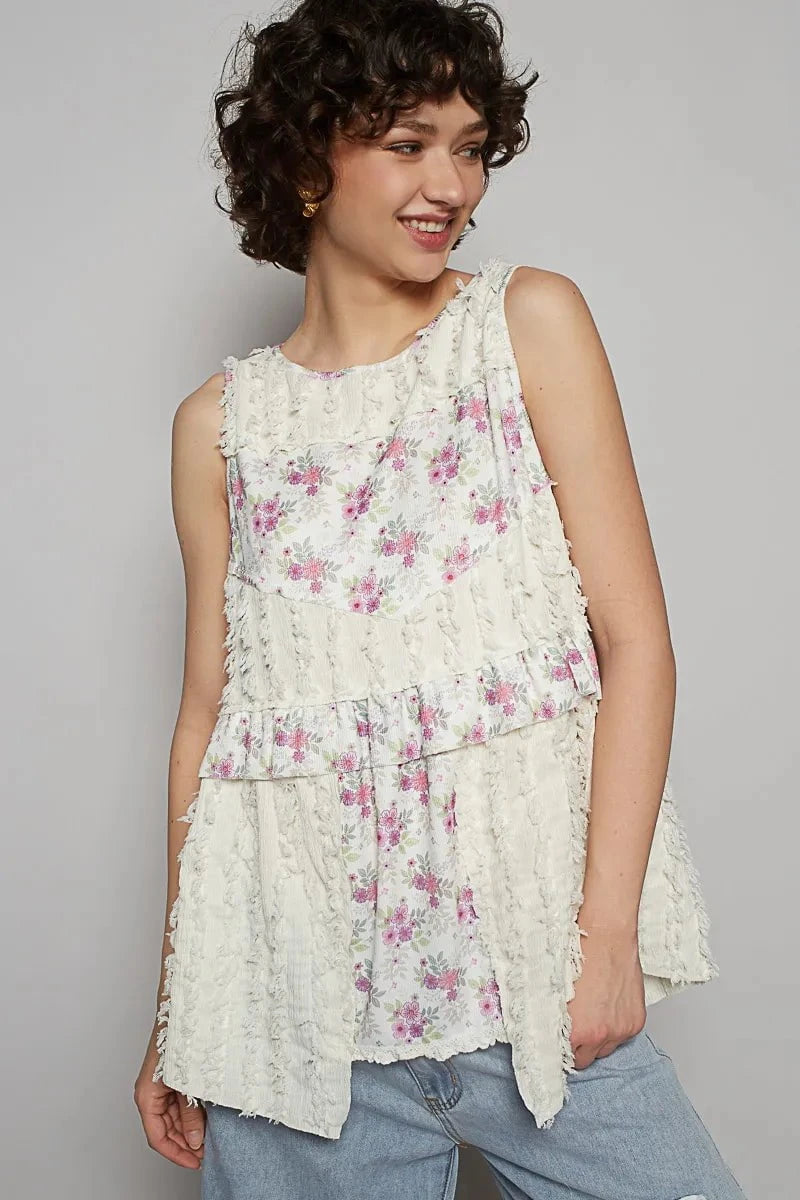 POL Floral Textured Round Neck Sleeveless Top Ivory / S