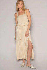 POL Frill Slit Square Neck Cami Dress Cream / S