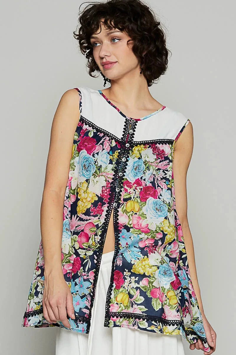 POL Lace Detail Floral Print Sleeveless Blouse Ivory / S