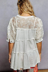 POL Lace Detail Tiered Round Neck Half Sleeve Blouse