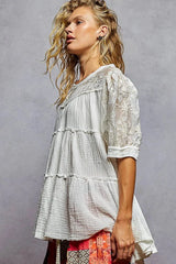 POL Lace Detail Tiered Round Neck Half Sleeve Blouse