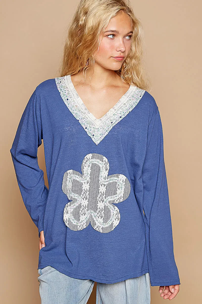 POL Lace Flower Patch Long Sleeve T-Shirt Royal Blue / S