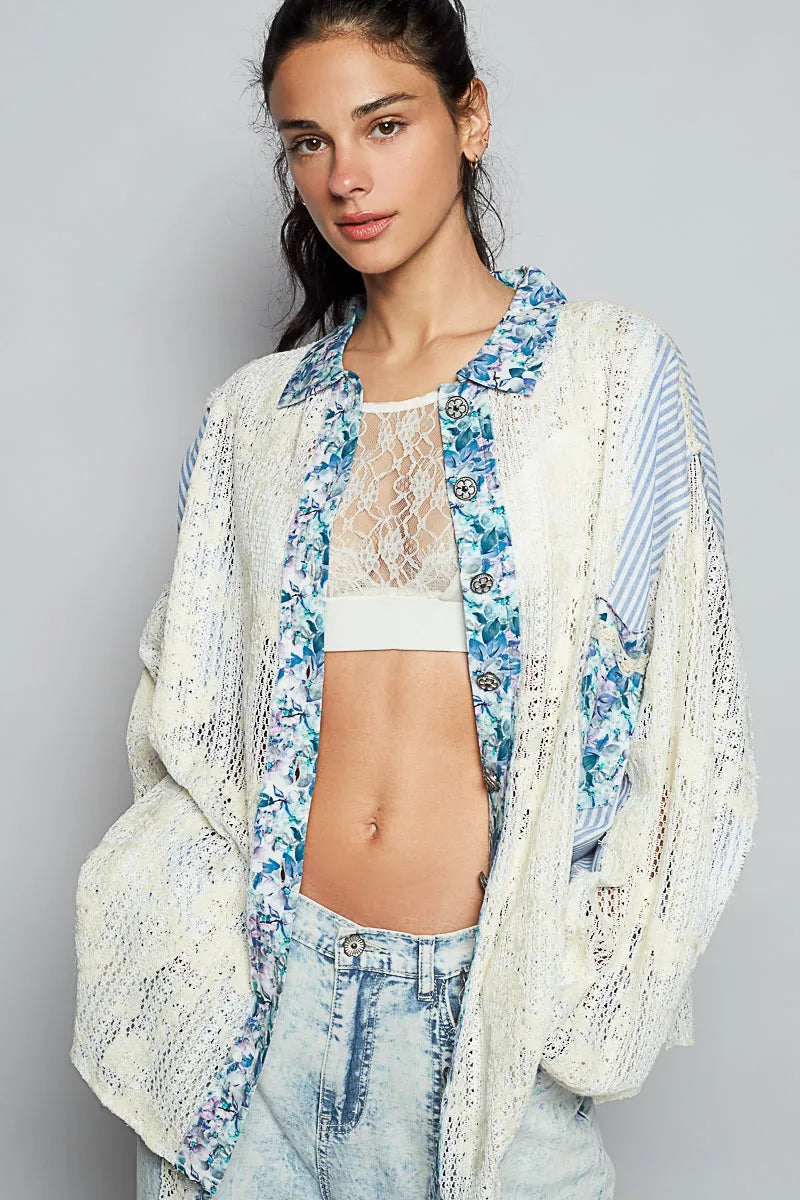 POL Lace Long Sleeve Shirt with Floral and Striped Pattern Cerulean / S