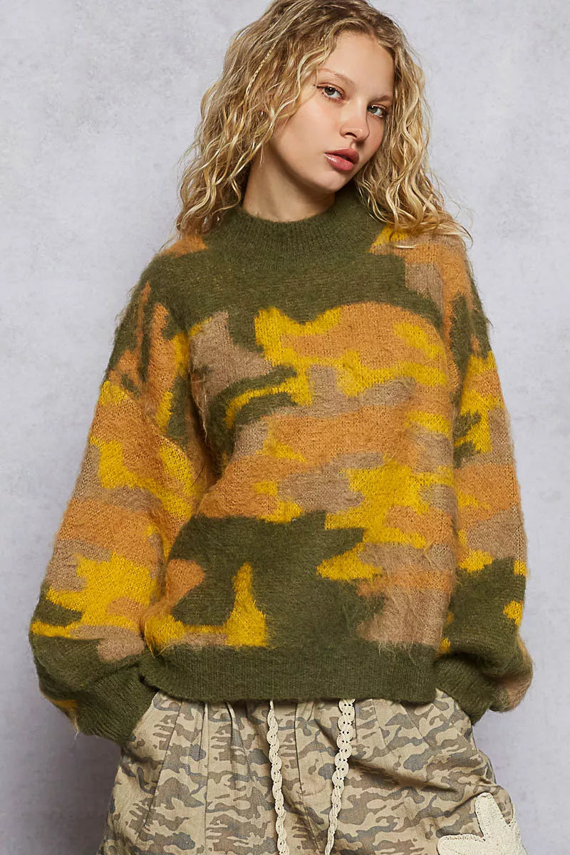 POL Mock Neck Abstract Colorblock Pattern Sweater OLIVE MULTI / S