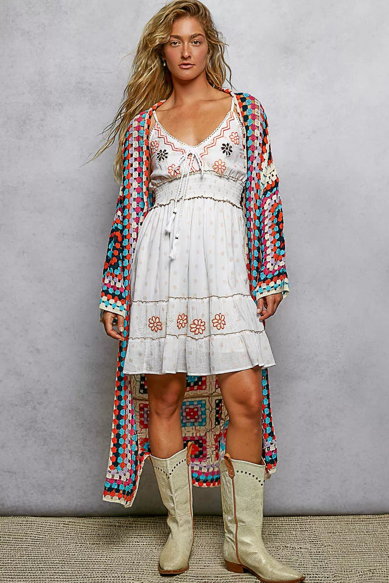 POL Open Front Crochet Cardigan with Weave Knit Patterns BEIGE MULTI / One Size