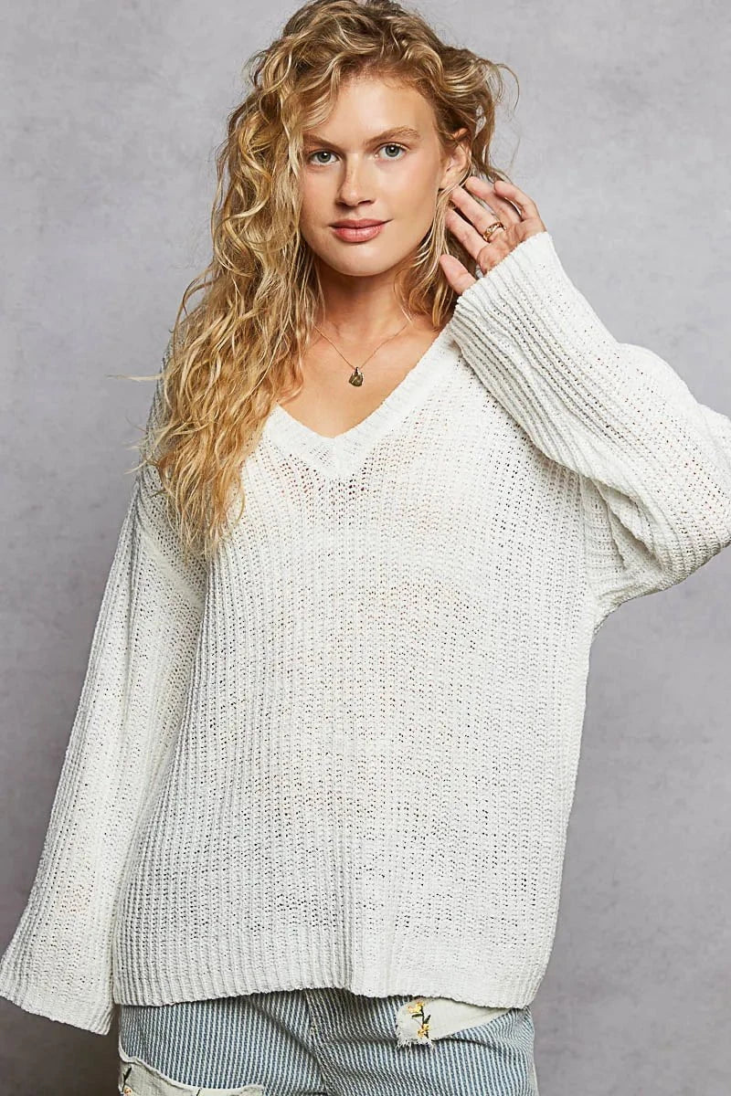 POL Oversized V-Neck Knit Top Ivory / S