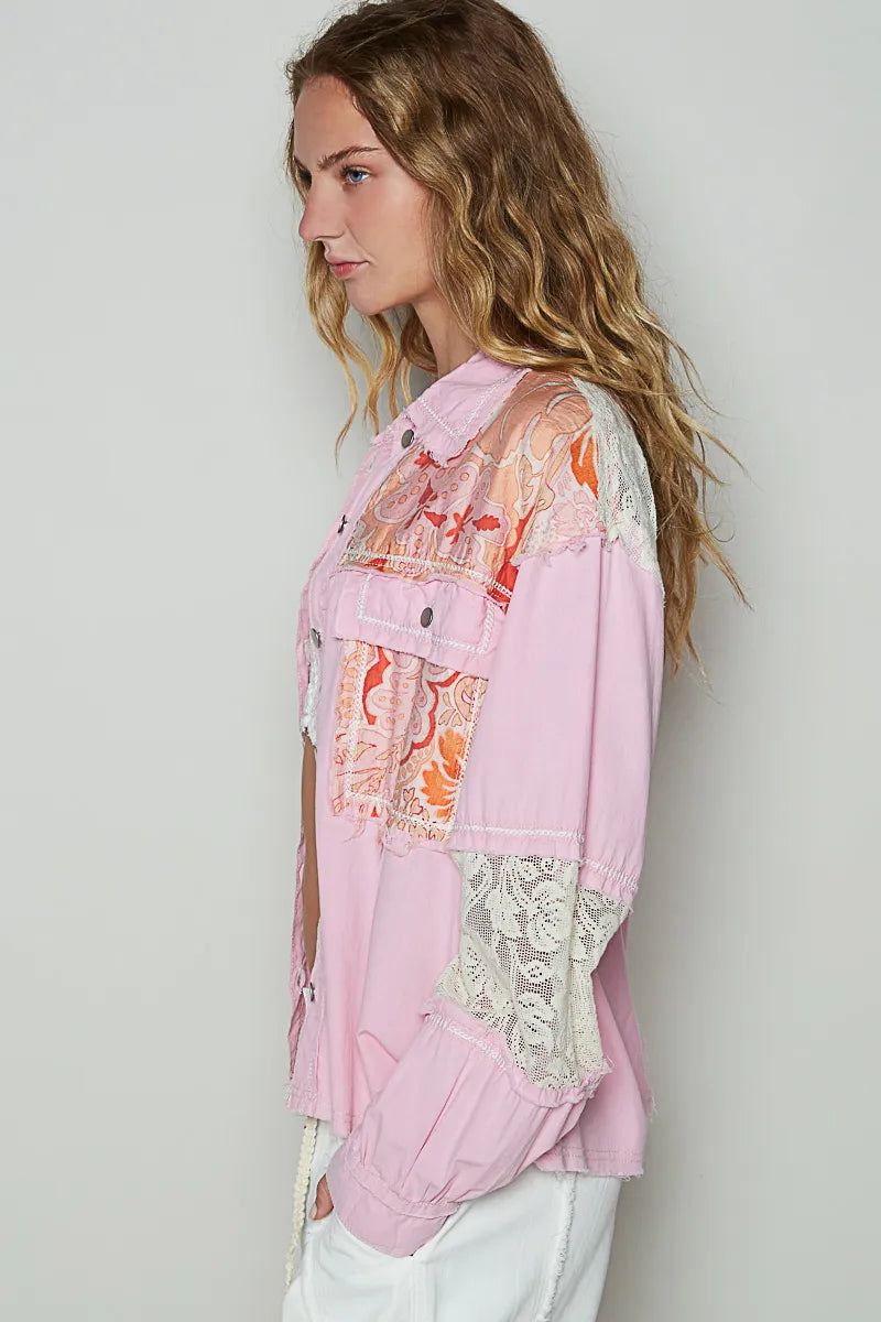 POL Printed Woven Mix Raw Hem Jacket with Lace Detail