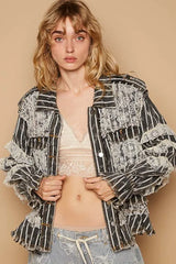 POL Raw Hem Lace Patch Flounce Sleeve Jacket Black / S