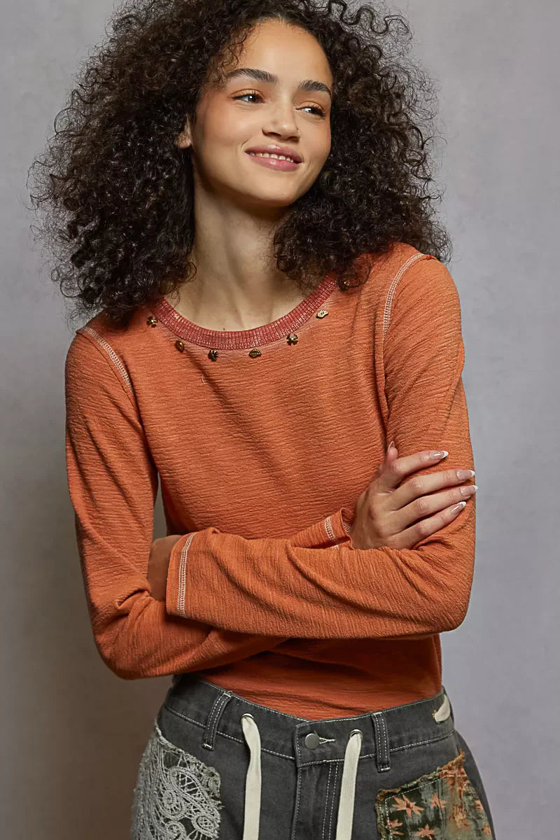 POL Round Neck Long Sleeve Contrast Stitching T-Shirt with Stud Detail