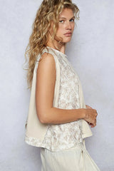 POL Round Neck Sleeveless Top with Floral Contrast