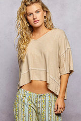 POL Short Sleeve Ccopped Rib T-Shirt with Contrast Stitch Detail