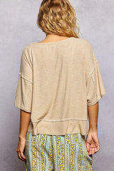 POL Short Sleeve Ccopped Rib T-Shirt with Contrast Stitch Detail