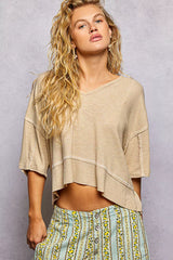 POL Short Sleeve Ccopped Rib T-Shirt with Contrast Stitch Detail WHEAT BEIGE / S