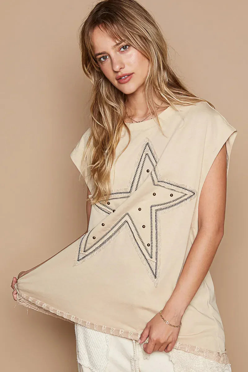 POL Star Patch Studded Sleeveless T-Shirt with Lace Hem Tan / S