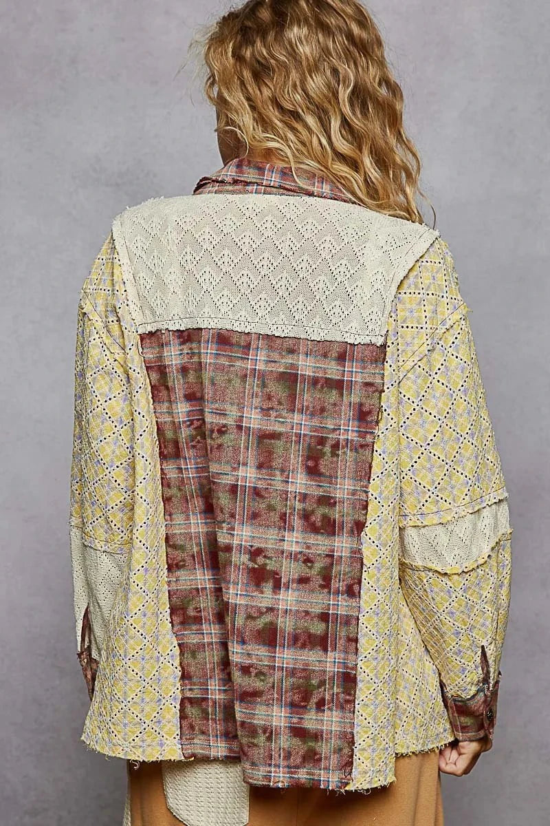 POL Studded Contrast Plaid Long Sleeve Shirt