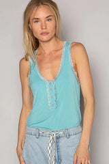 POL V-Neck Cutout Tank with Trim Detail WATERBLUE / S
