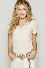 POL V-Neck Short Sleeve Ribbed T-Shirt with Contrast Overlock Stitching