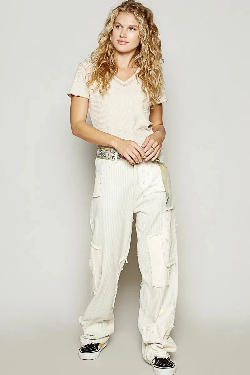 POL V-Neck Short Sleeve Ribbed T-Shirt with Contrast Overlock Stitching