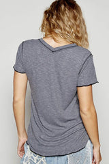POL V-Neck Short Sleeve Ribbed T-Shirt with Contrast Overlock Stitching