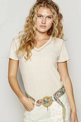 POL V-Neck Short Sleeve Ribbed T-Shirt with Contrast Overlock Stitching ALMOND / S