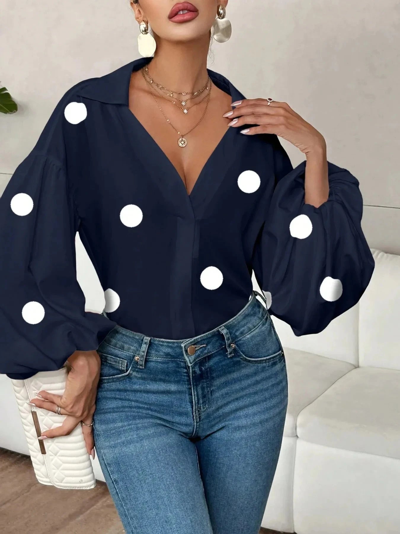 Polka Dot Balloon Sleeve Blouse