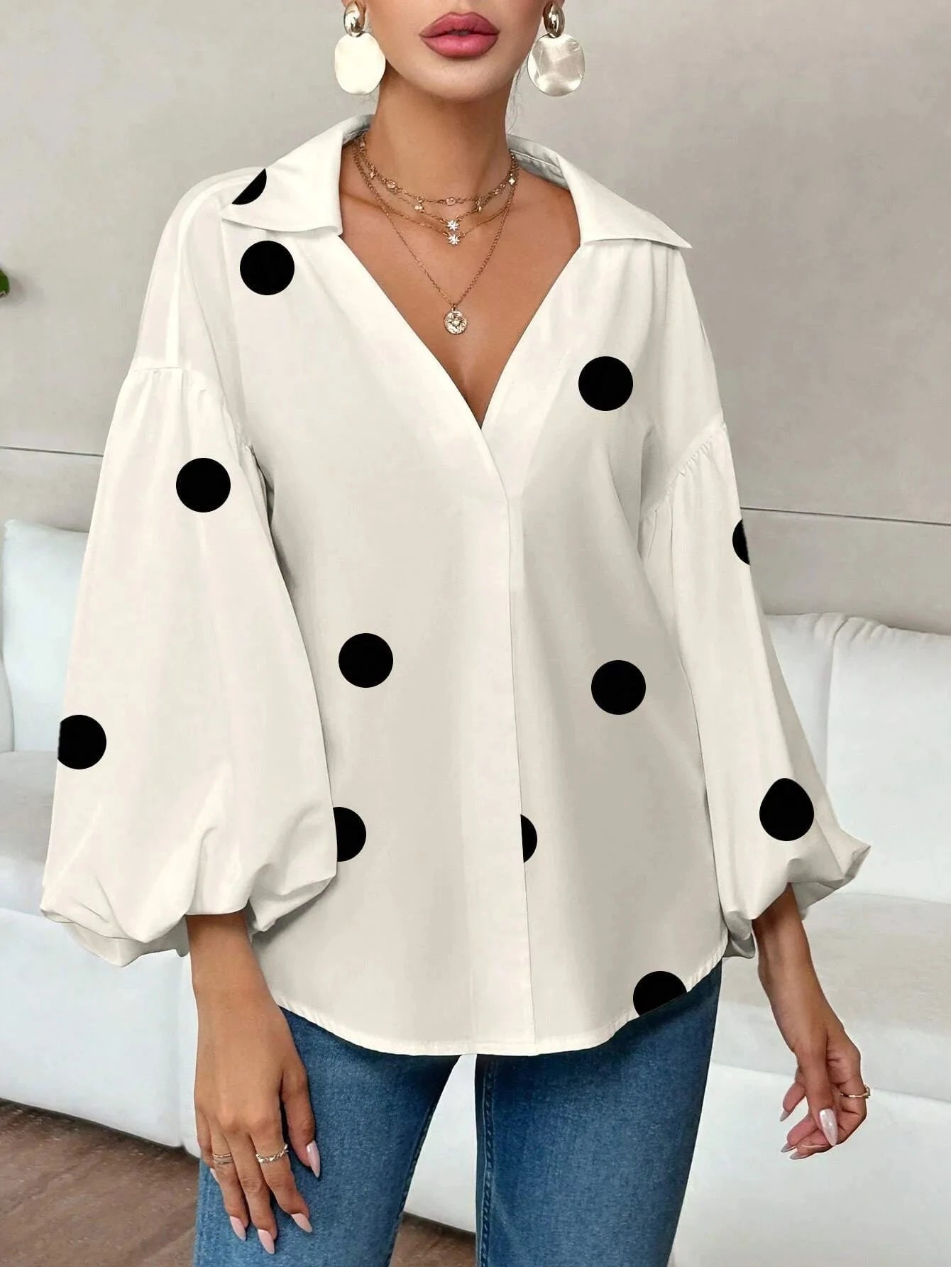 Polka Dot Balloon Sleeve Blouse