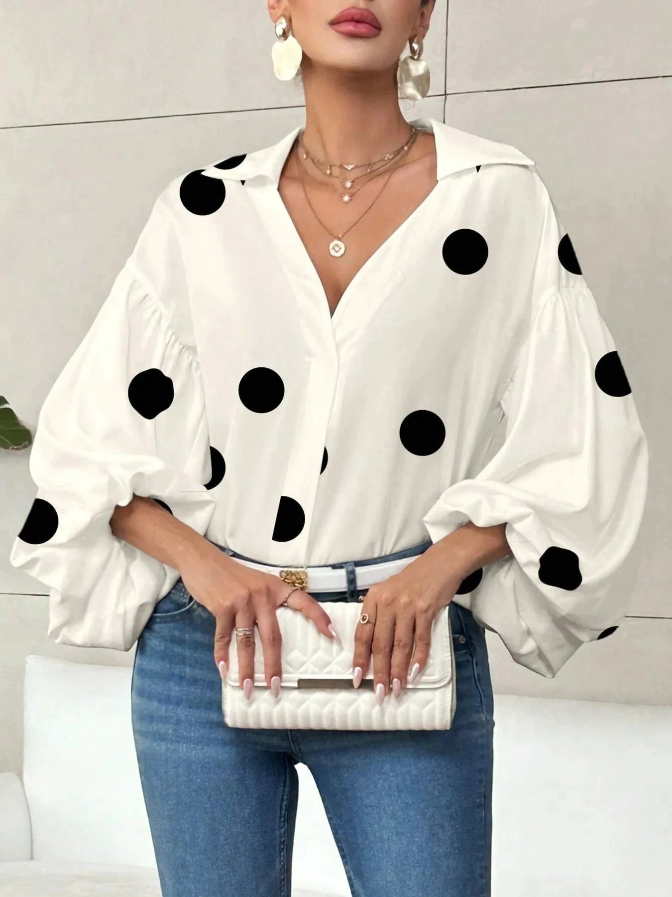Polka Dot Balloon Sleeve Blouse Apricot Polka Dots / S