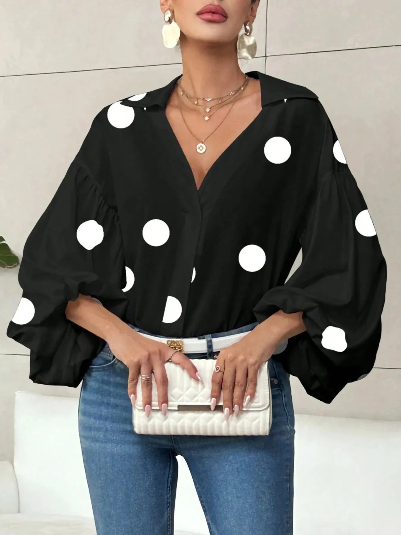 Polka Dot Balloon Sleeve Blouse Black Polka Dots / S